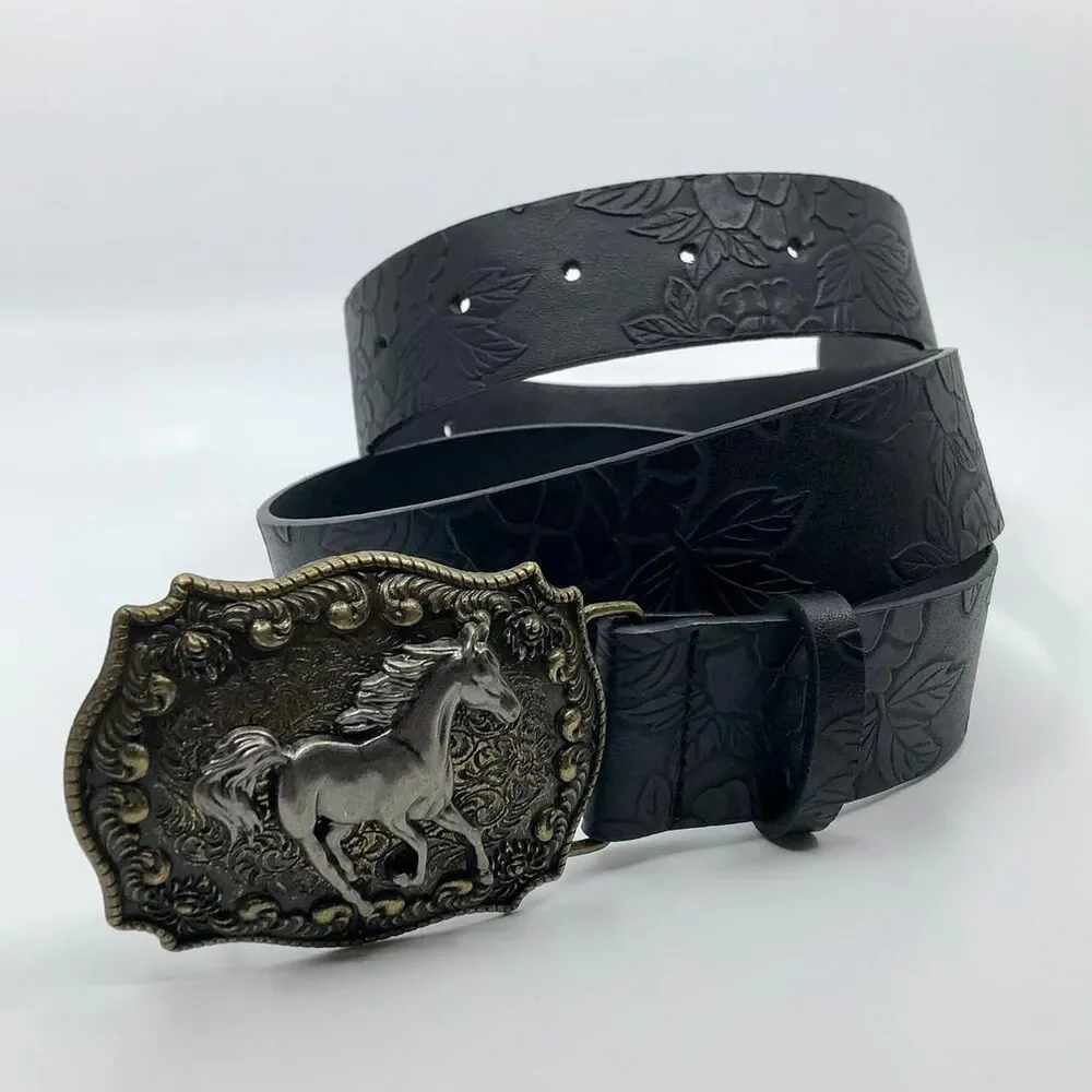 Women's Black Embossed Western Horse Buckle Belt, 28.5–39.5 Inches, X7G9A1018